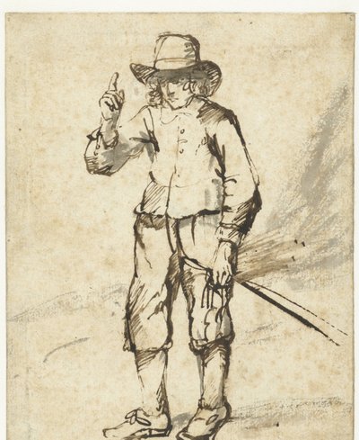 Ragazzo in piedi con una frusta e la mano destra alzata da Rembrandt van Rijn (school of)
