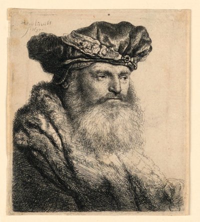 Un uomo barbuto con un berretto di velluto con fermaglio gioiello da Rembrandt van Rijn