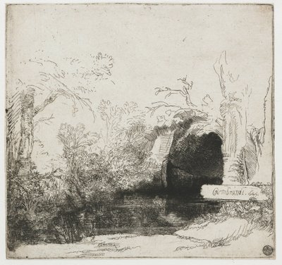 Un ruscello con una grotta e una barca da Rembrandt van Rijn