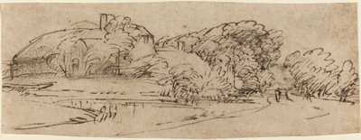 Paesaggio con edifici agricoli tra gli alberi da Rembrandt van Rijn