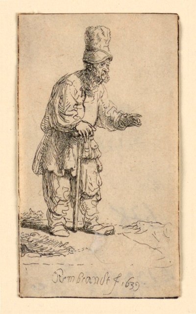 Un contadino con un cappello alto, in piedi appoggiato a un bastone da Rembrandt van Rijn