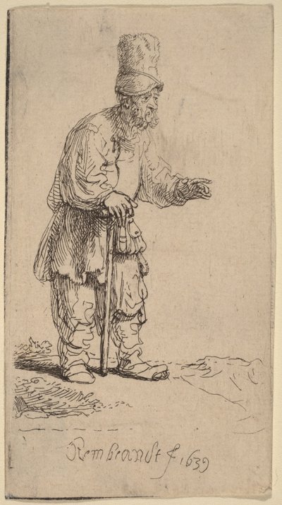 Un contadino con un berretto alto, in piedi e appoggiato a un bastone da Rembrandt van Rijn