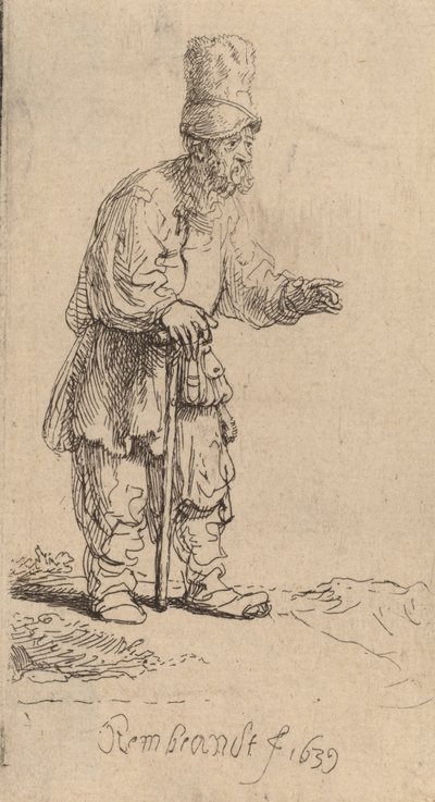 Un contadino con un cappello alto, in piedi appoggiato a un bastone, 1639 da Rembrandt van Rijn