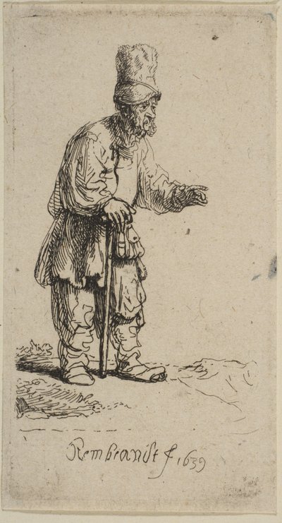Un contadino con un cappello alto, in piedi appoggiato a un bastone, 1639 da Rembrandt van Rijn