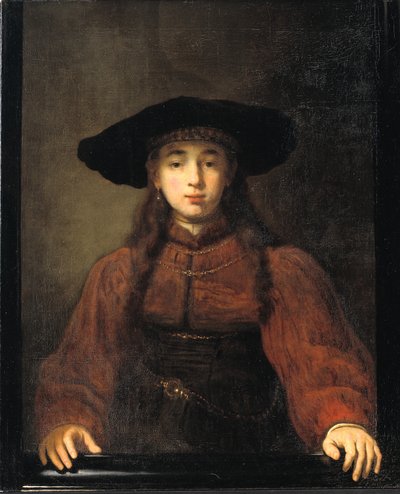 Una giovane donna che appoggia le mani sulla cornice del quadro da Rembrandt van Rijn