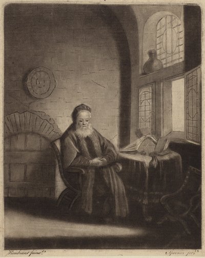 Un anziano filosofo barbuto seduto a una scrivania davanti a una finestra da Rembrandt van Rijn