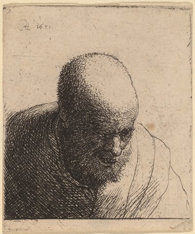 Uomo calvo con bocca aperta, guardando in basso, c. 1630 da Rembrandt van Rijn