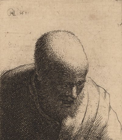 Uomo calvo con bocca aperta, guardando in basso, c. 1630 da Rembrandt van Rijn