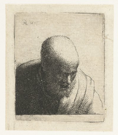 Uomo calvo con bocca aperta, che guarda in basso: busto da Rembrandt van Rijn