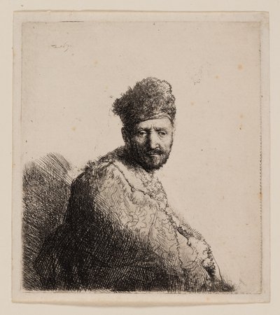 Uomo barbuto, con cappello e veste orientale pelosi da Rembrandt van Rijn