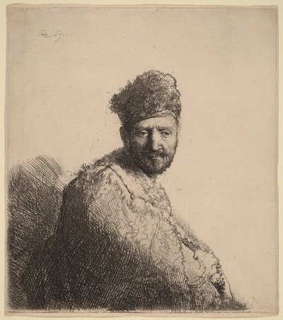 Uomo barbuto, con un copricapo orientale foderato di pelliccia e una tunica: il padre dell’artista da Rembrandt van Rijn