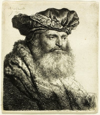 Uomo barbuto con berretto di velluto con fermaglio gioiello da Rembrandt van Rijn