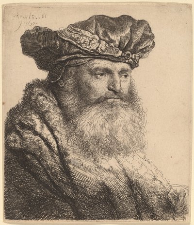 Uomo barbuto con berretto di velluto con fermaglio di gioiello da Rembrandt van Rijn