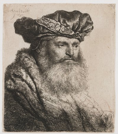 Uomo barbuto con berretto di velluto con fermaglio gioiello da Rembrandt van Rijn