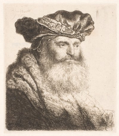Uomo barbuto con berretto di velluto con fermaglio gioiello da Rembrandt van Rijn