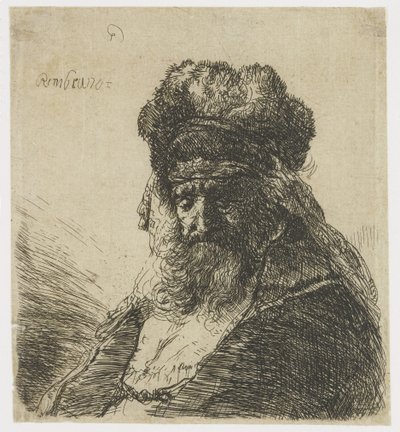 Vecchio barbuto con cappello di pelliccia alto, con occhi chiusi da Rembrandt van Rijn