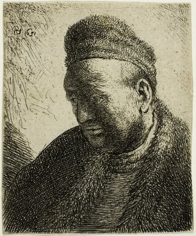 Uomo senza barba in mantello e cappello di pelliccia: busto da Rembrandt van Rijn