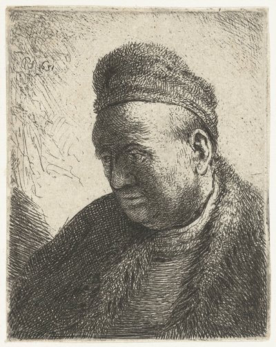 Uomo senza barba con mantello e cappello di pelliccia: busto da Rembrandt van Rijn