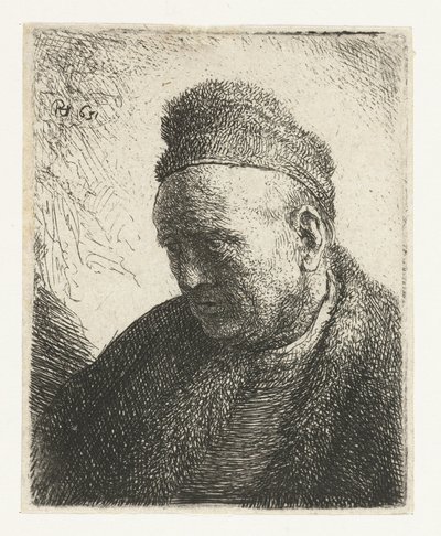 Uomo senza barba con mantello e cappello di pelliccia: busto da Rembrandt van Rijn