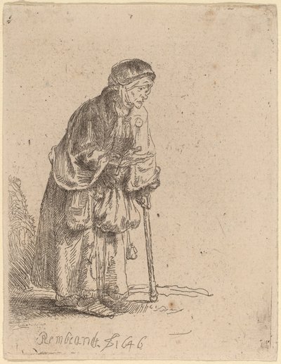 Mendicante donna appoggiata a un bastone da Rembrandt van Rijn
