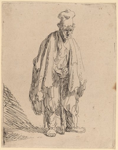 Mendicante con un cappello alto, in piedi e appoggiato a un bastone da Rembrandt van Rijn