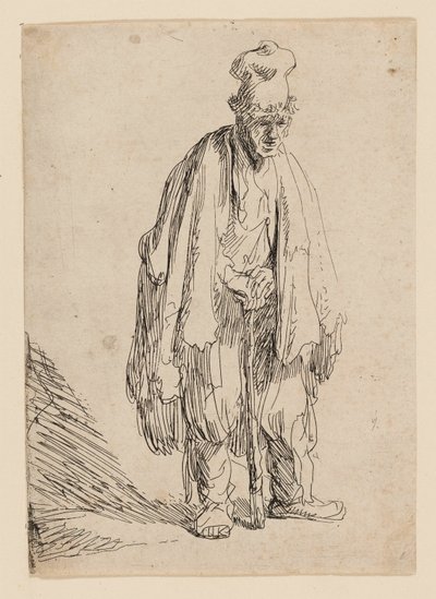 Mendicante con cappello alto, in piedi e appoggiato a un bastone da Rembrandt van Rijn