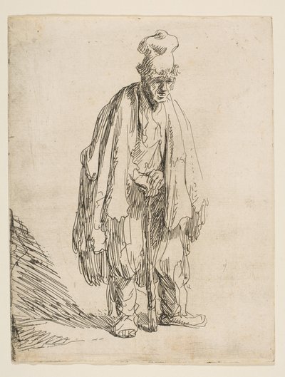 Mendicante con un Cappello Alto, in Piedi e Appoggiato a un Bastone, ca. 1629 da Rembrandt van Rijn