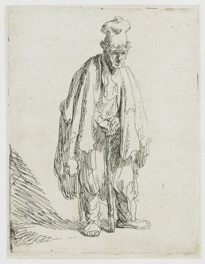 Mendicante con un berretto alto, in piedi e appoggiato a un bastone da Rembrandt van Rijn