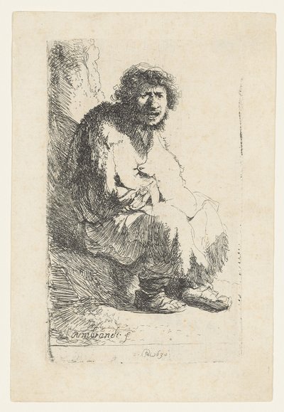 Mendicante seduto su una banca, 1630 da Rembrandt van Rijn
