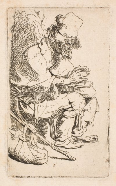 Un mendicante seduto che si scalda le mani davanti a uno scaldavivande da Rembrandt van Rijn