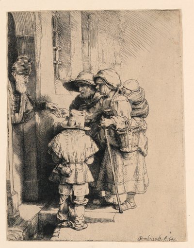Mendicanti che Ricevono Elemosina alla Porta di una Casa da Rembrandt van Rijn