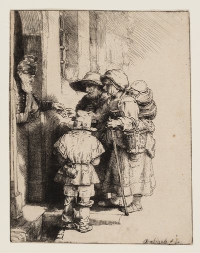 Mendicanti che ricevono elemosine alla porta di una casa da Rembrandt van Rijn