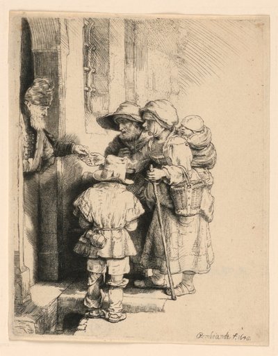Mendicanti che ricevono elemosine alla porta di una casa da Rembrandt van Rijn