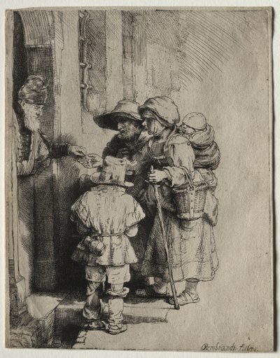 Mendicanti che ricevono elemosine alla porta di una casa, 1648 da Rembrandt van Rijn