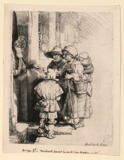 Mendicanti che ricevono elemosine alla porta di una casa da Rembrandt van Rijn