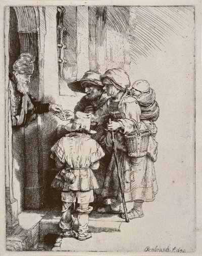 Mendicanti che ricevono elemosine alla porta di una casa, 1648 da Rembrandt van Rijn