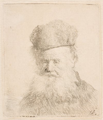 Busto di un anziano con berretto di pelliccia e barba fluente: quasi di profilo: sguardo diretto da Rembrandt van Rijn
