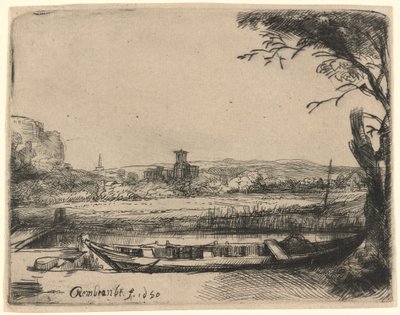 Canale con una grande barca e ponte da Rembrandt van Rijn