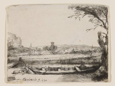 Canale con una grande imbarcazione e un ponte da Rembrandt van Rijn
