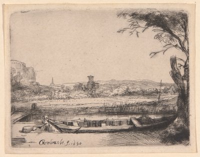 Canale con una Grande Barca e un Ponte da Rembrandt van Rijn