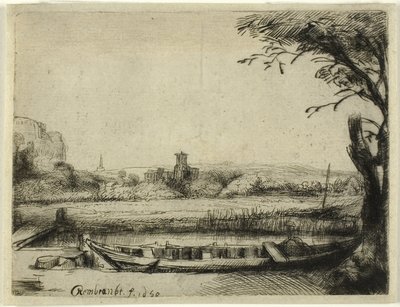 Canale con una Grande Barca e un Ponte da Rembrandt van Rijn