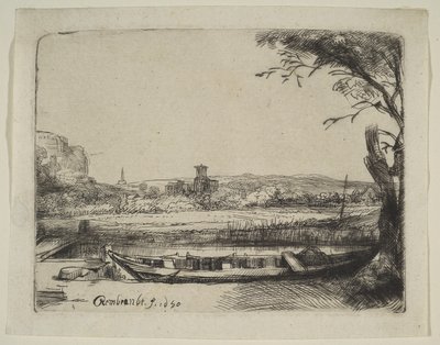 Canale con una grande barca e un ponte da Rembrandt van Rijn