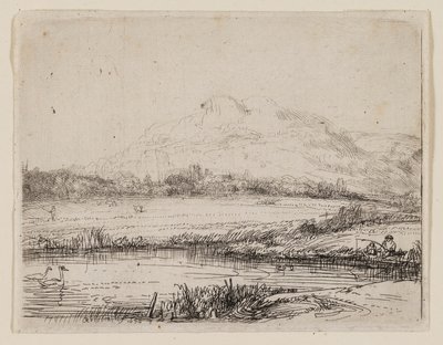 Canale con pescatore e due cigni da Rembrandt van Rijn