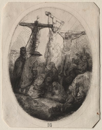 Cristo crocifisso tra due ladroni: un piatto ovale da Rembrandt van Rijn