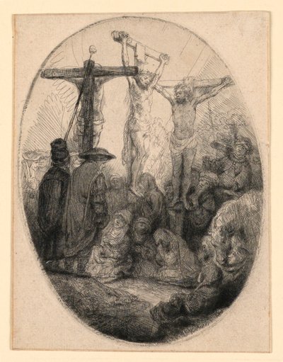 Cristo crocifisso tra i due ladroni: Una tavola ovale da Rembrandt van Rijn