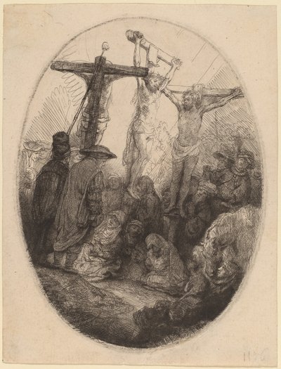 Cristo crocifisso tra i due ladroni: un piatto ovale da Rembrandt van Rijn