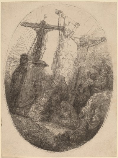 Cristo crocifisso tra i due ladroni: una placca ovale da Rembrandt van Rijn