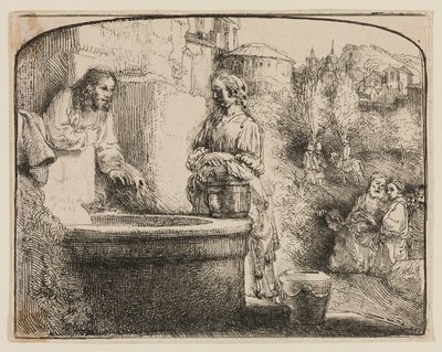 Cristo e la donna di Samaria: Una stampa ad arco da Rembrandt van Rijn