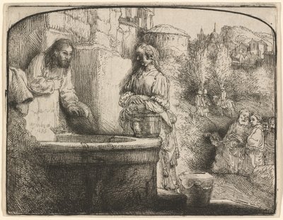Cristo e la donna di Samaria: una stampa ad arco da Rembrandt van Rijn