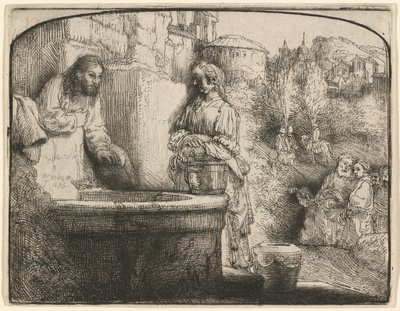 Cristo e la donna di Samaria: una stampa ad arco da Rembrandt van Rijn